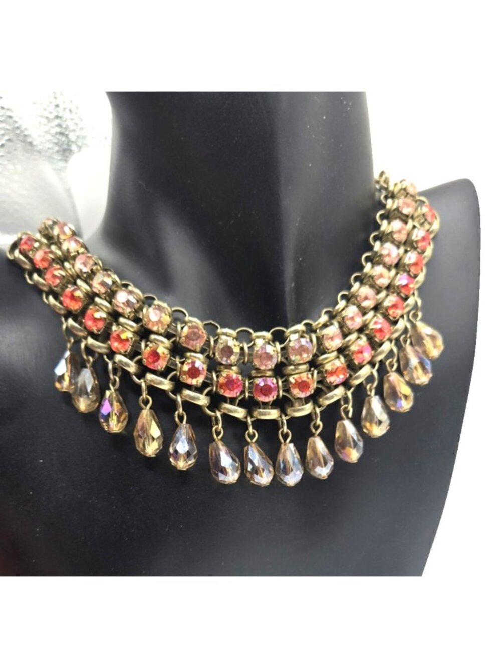LOFT Statement Necklace Pink Coral AB Rhinestones Champagne Glass Drops